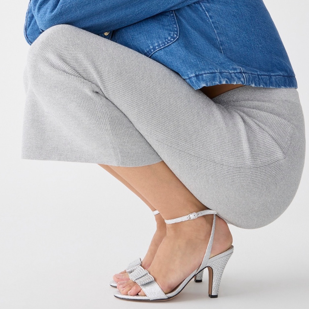 Nib J. Crew Collection Made In Italy Crystal Bow Heels In Lam Silver 8.5